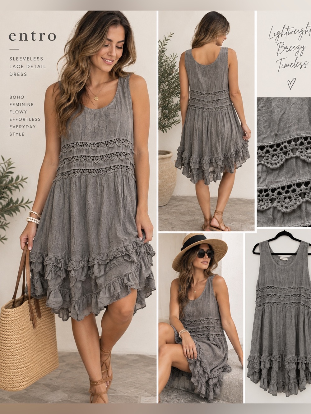Entro Gray Boho Lace Ruffle High Low Dress Size Medium 100% Rayon